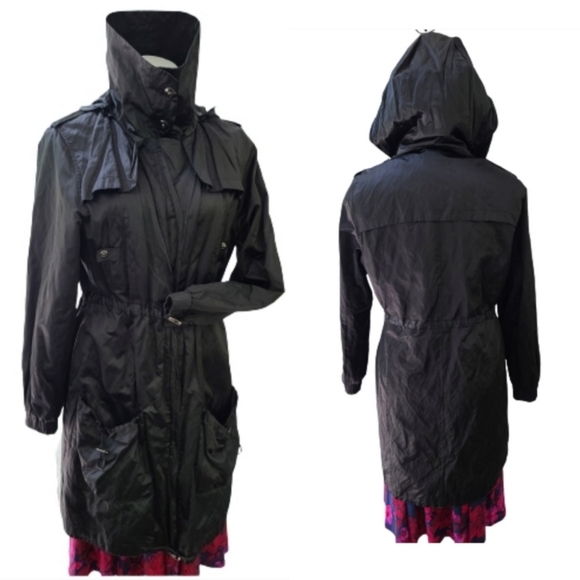 Nine West Raincoat Black Removable Hood Pockets Fully Lined Women's Size Small